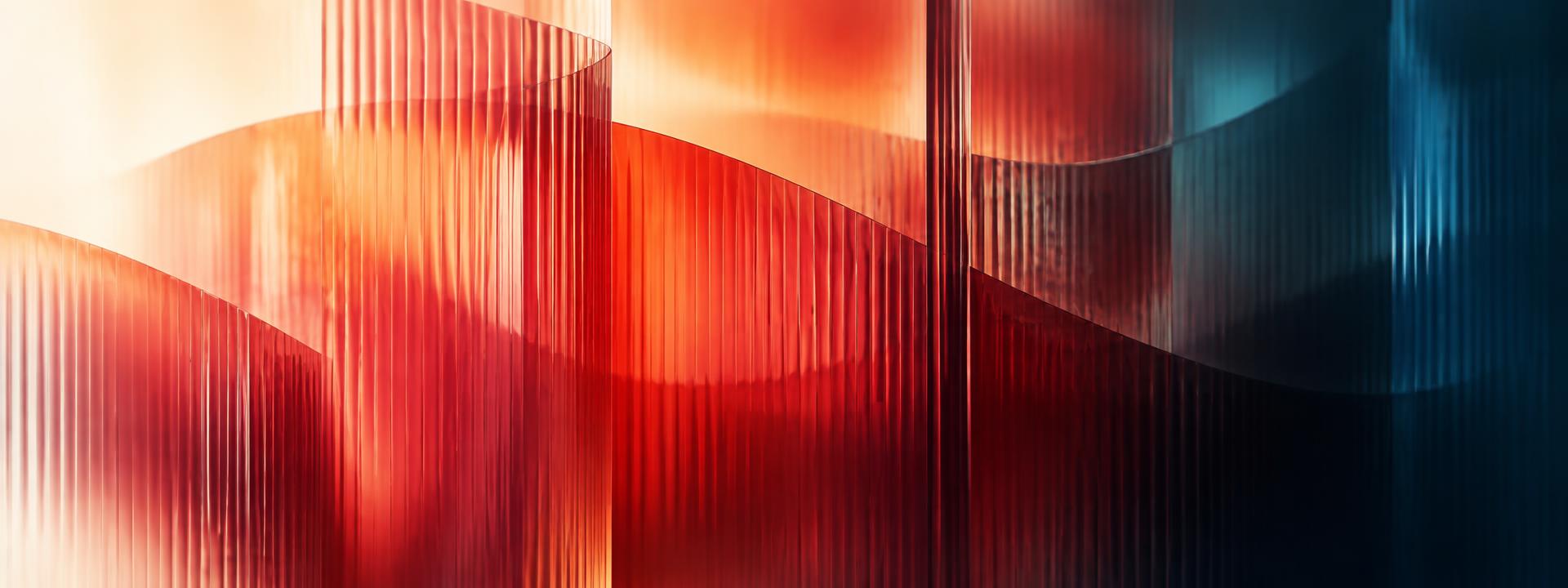 Abstract layered panels of crimson and orange light